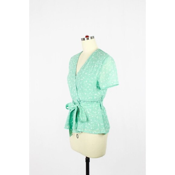 SAMSOE SAMSOE Klea Green Floral Crepe Short Sleeve Wrap Blouse, Size S - Picture 8 of 16